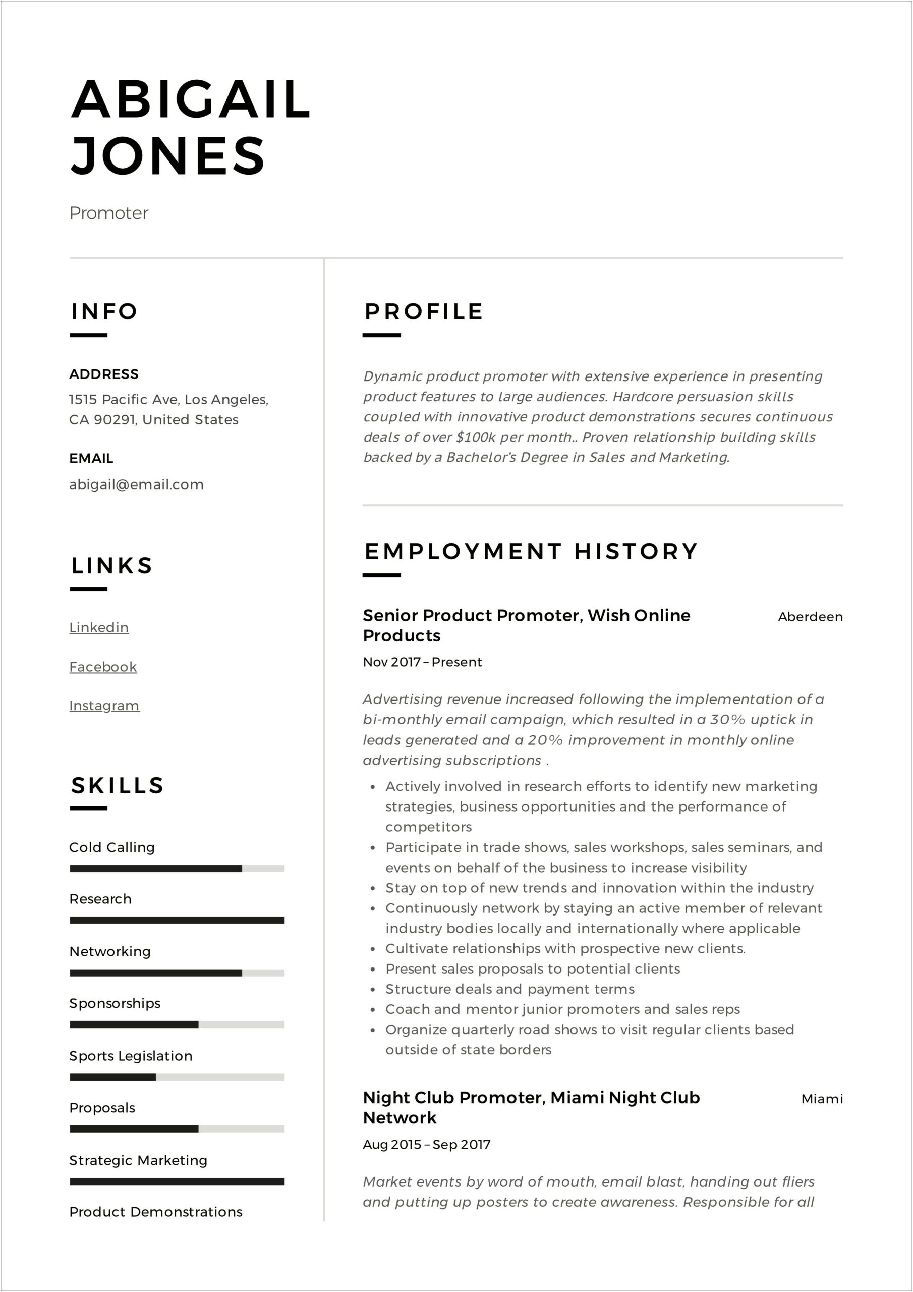 Sales Promoter Job Description Resume