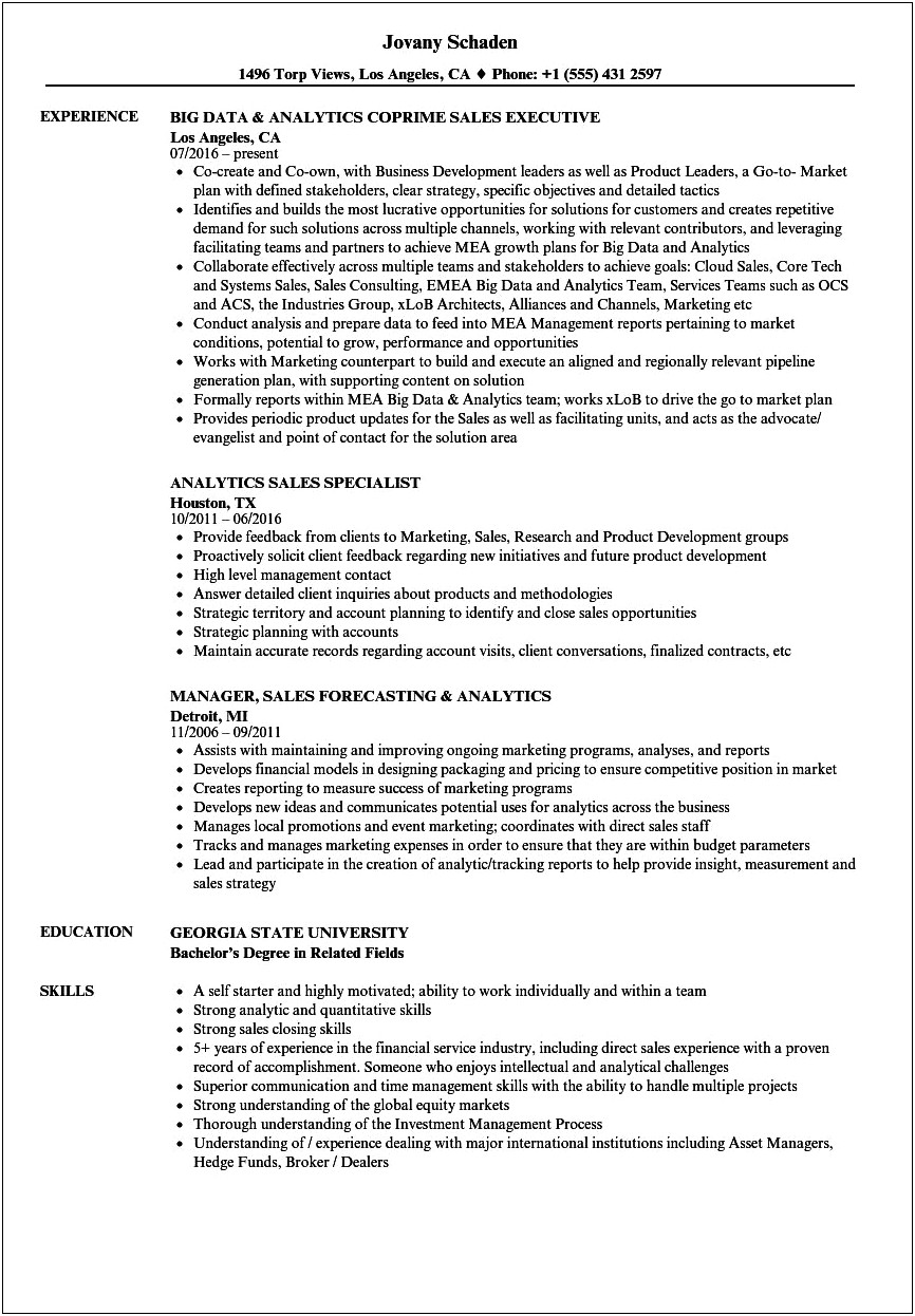 Sales Specialist Job Description Resume