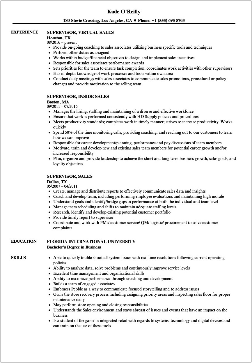 Sales Supervisor Job Description For Resume