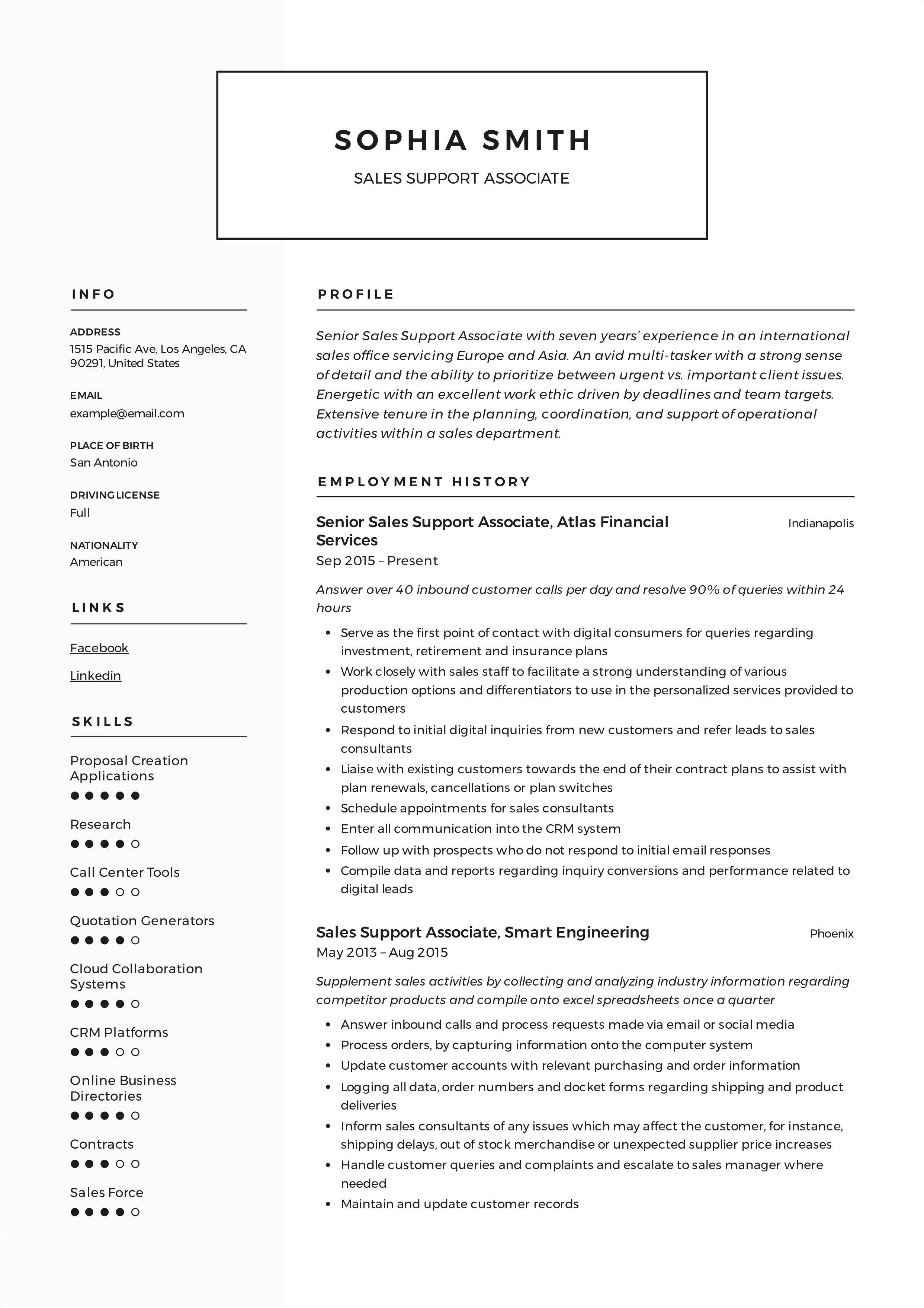 Sales Support Assistant Resume Samples