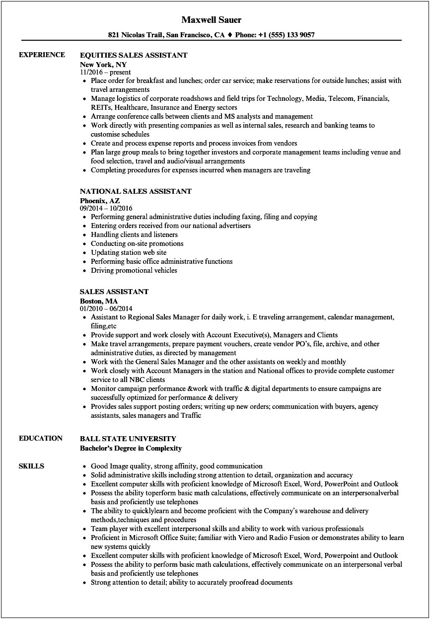 Sales Support Associate Objective Resume