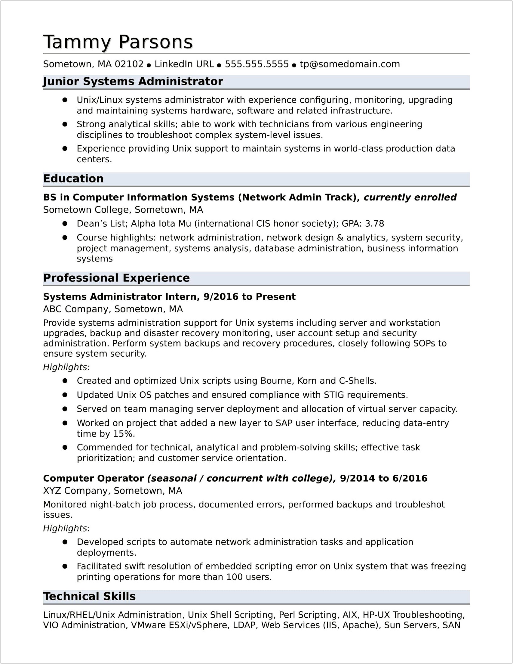 Salesforce Admin In College Experience Resume