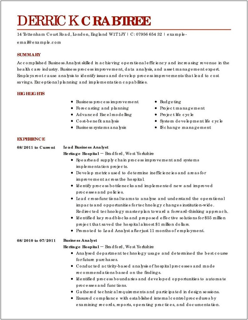 Salesforce Business Analyst Sample Resume