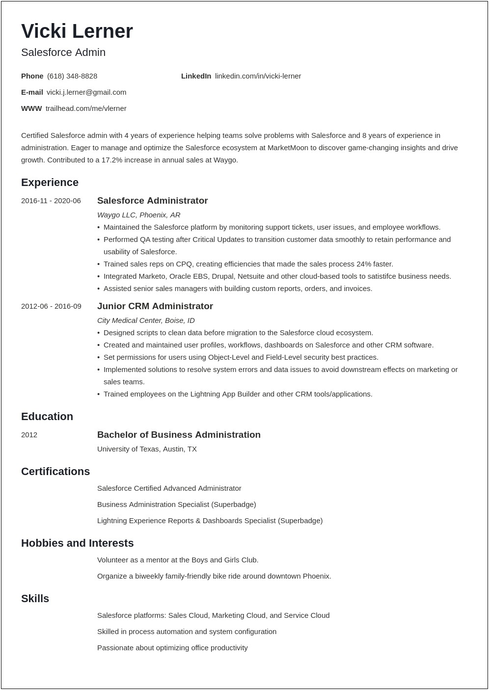 Salesforce Developer And Administrator Sample Resume