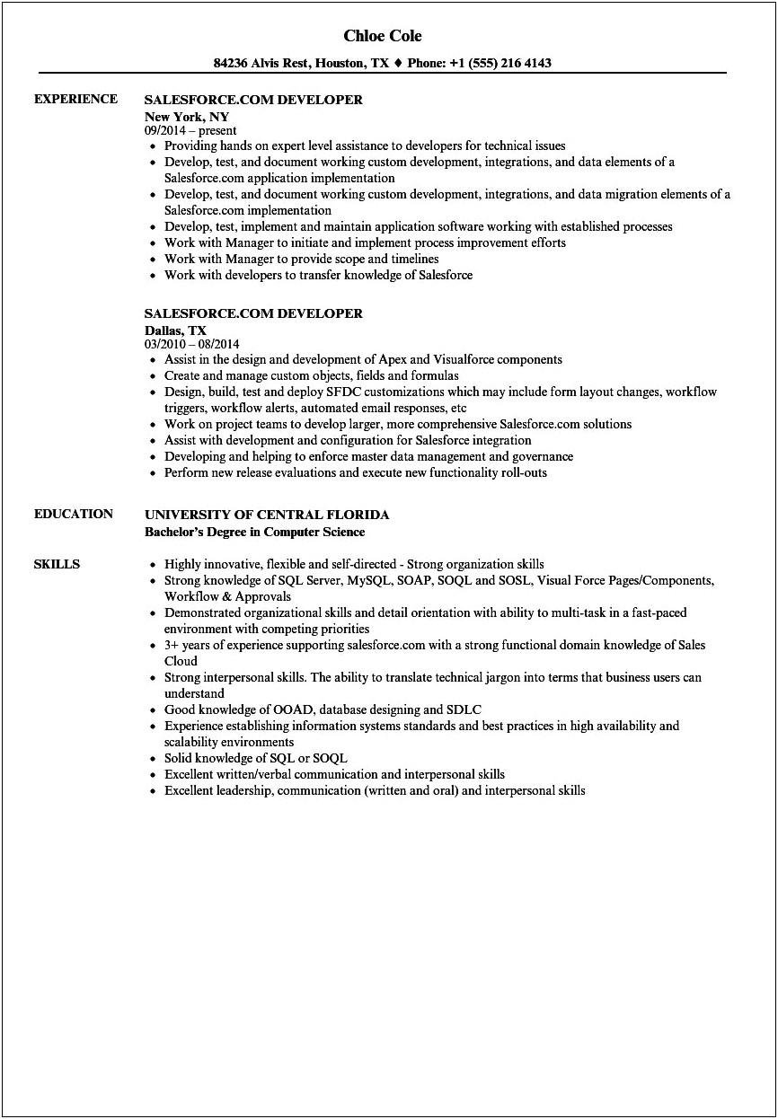 Salesforce Developer Resume With Cast Iron Experience