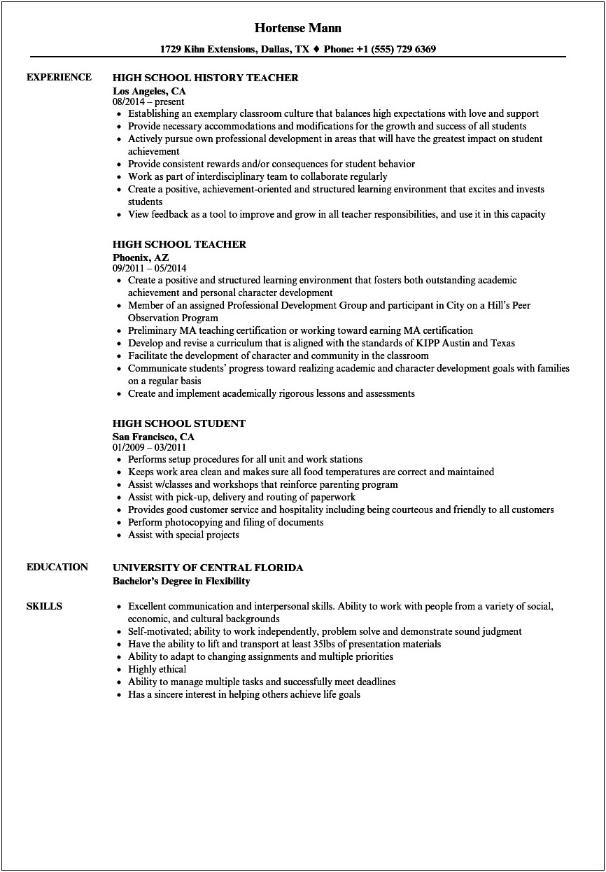 Same College And High School Resume