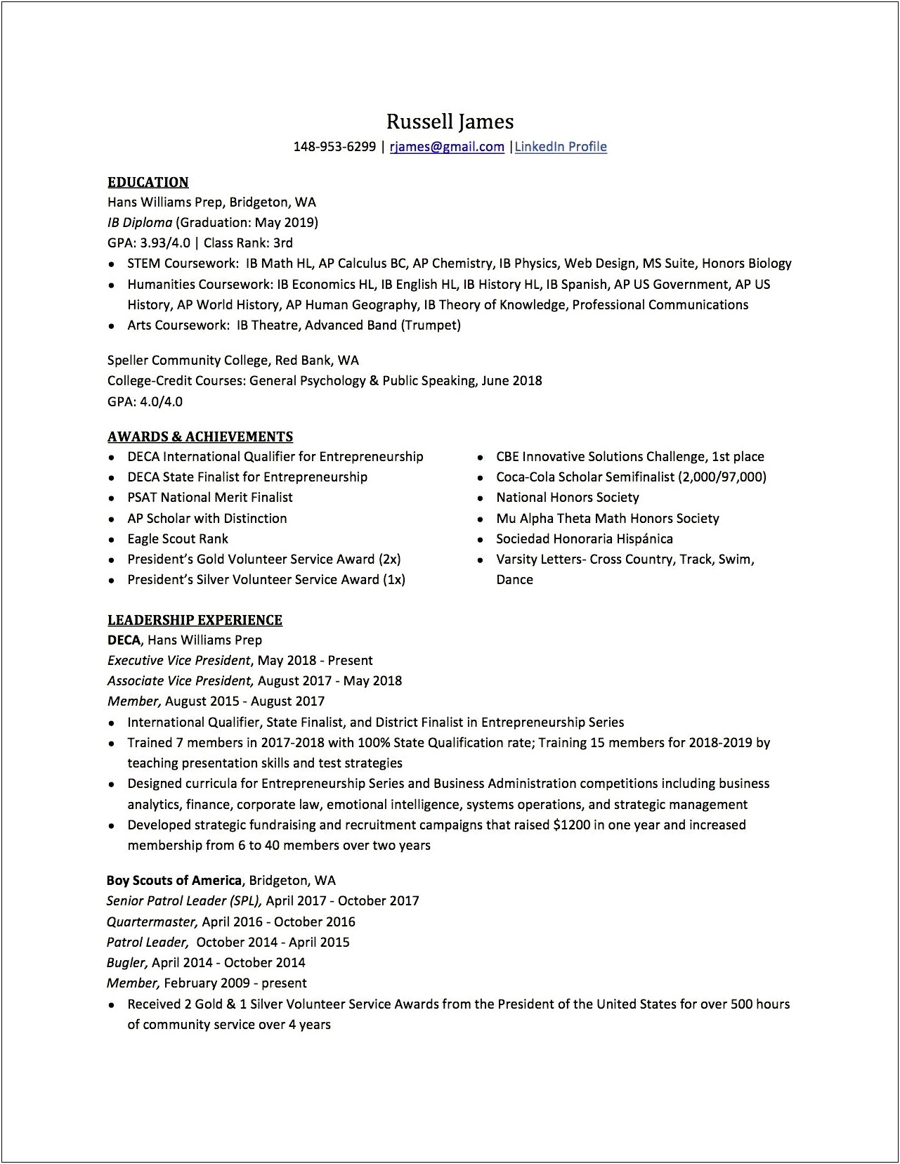 Sample Academic Resume For College Application