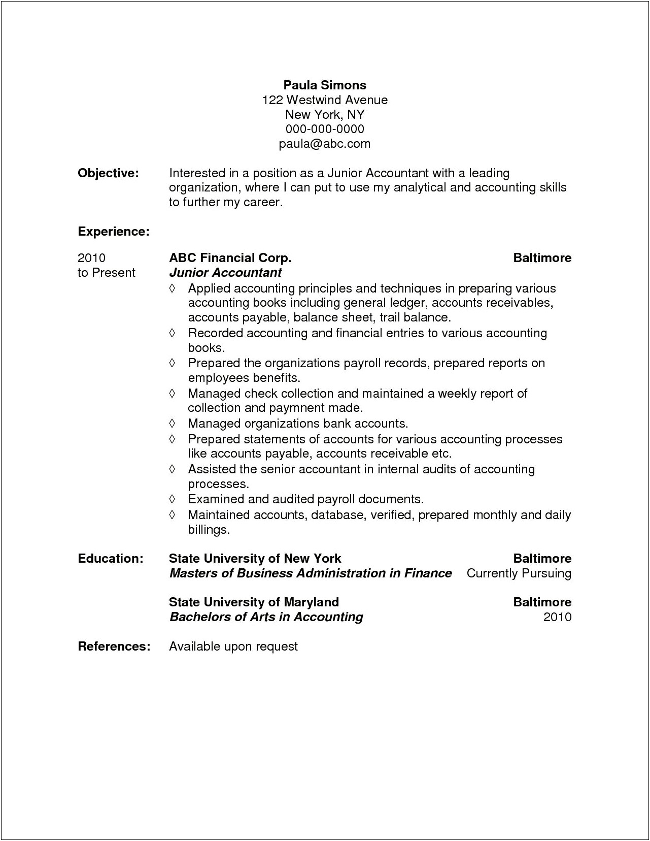Sample Accounting Internship Resume Objective