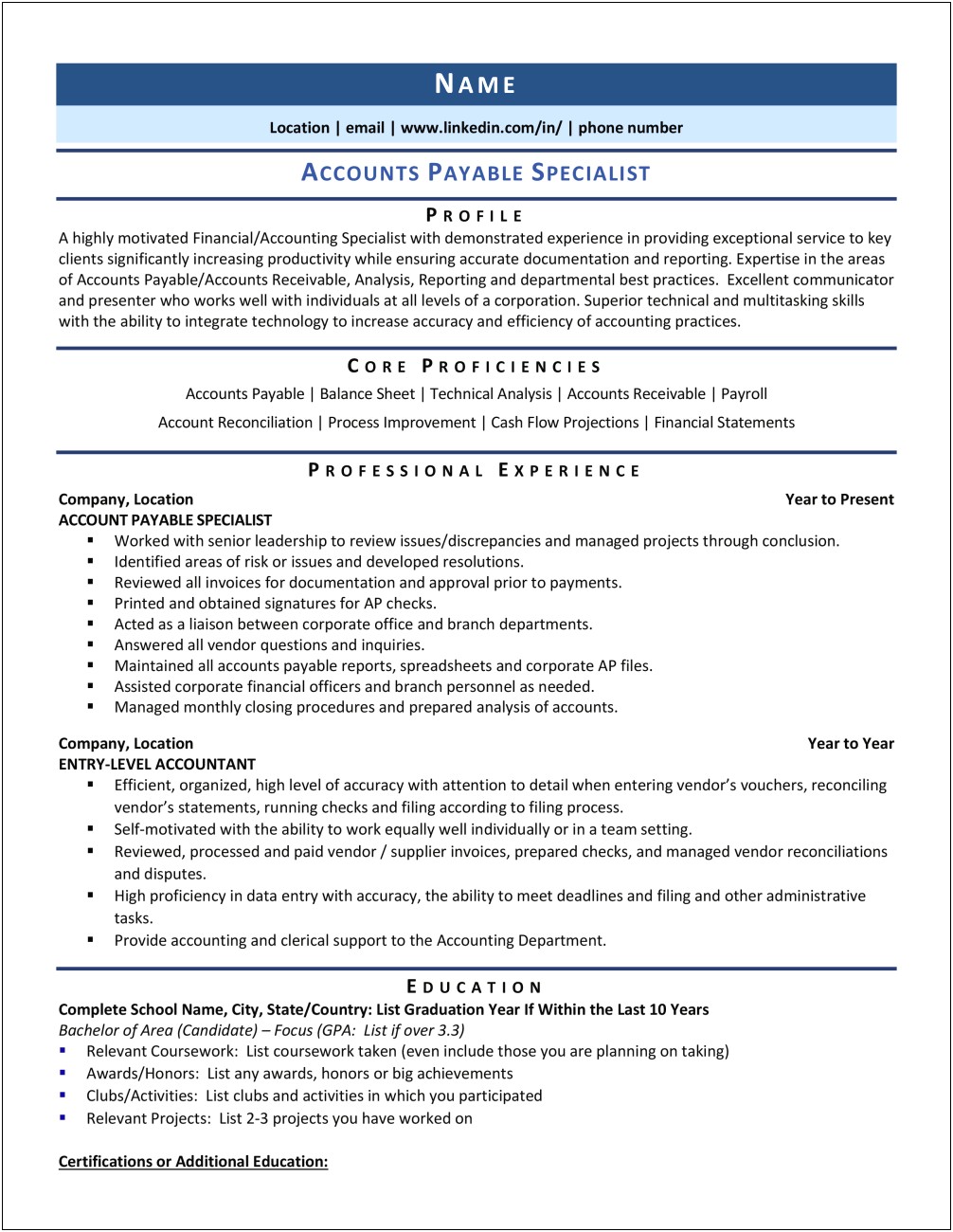 Sample Accounts Payable Specialist Resume