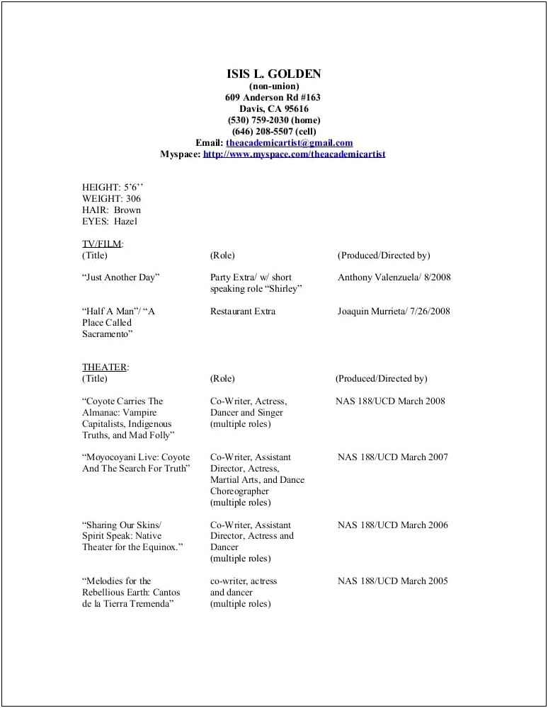 Sample Acting Resume Special Skills