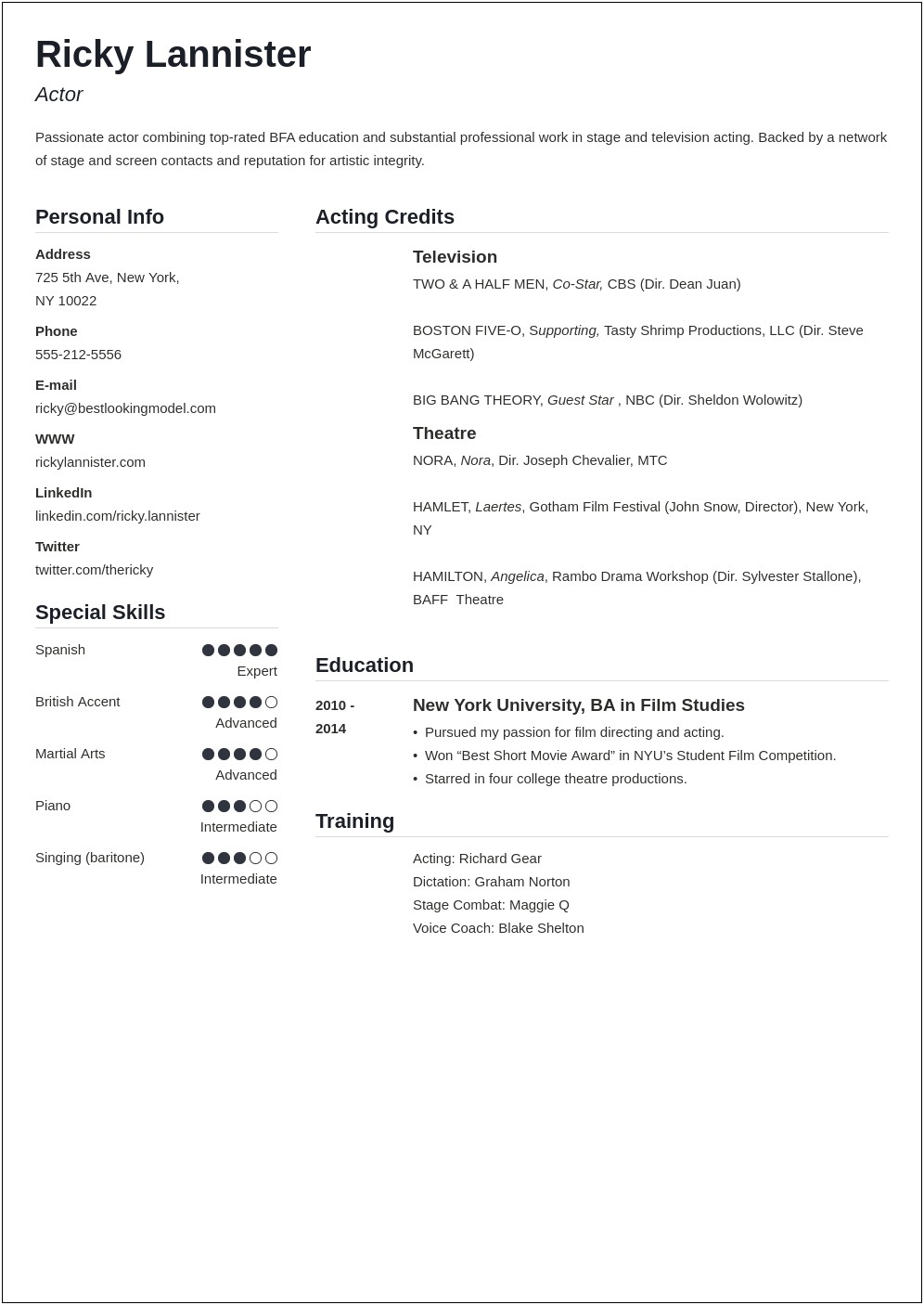 Sample Actor Resume No Experience