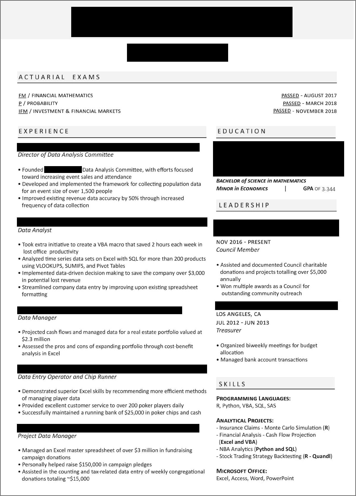 Sample Actuary Resume Entry Level