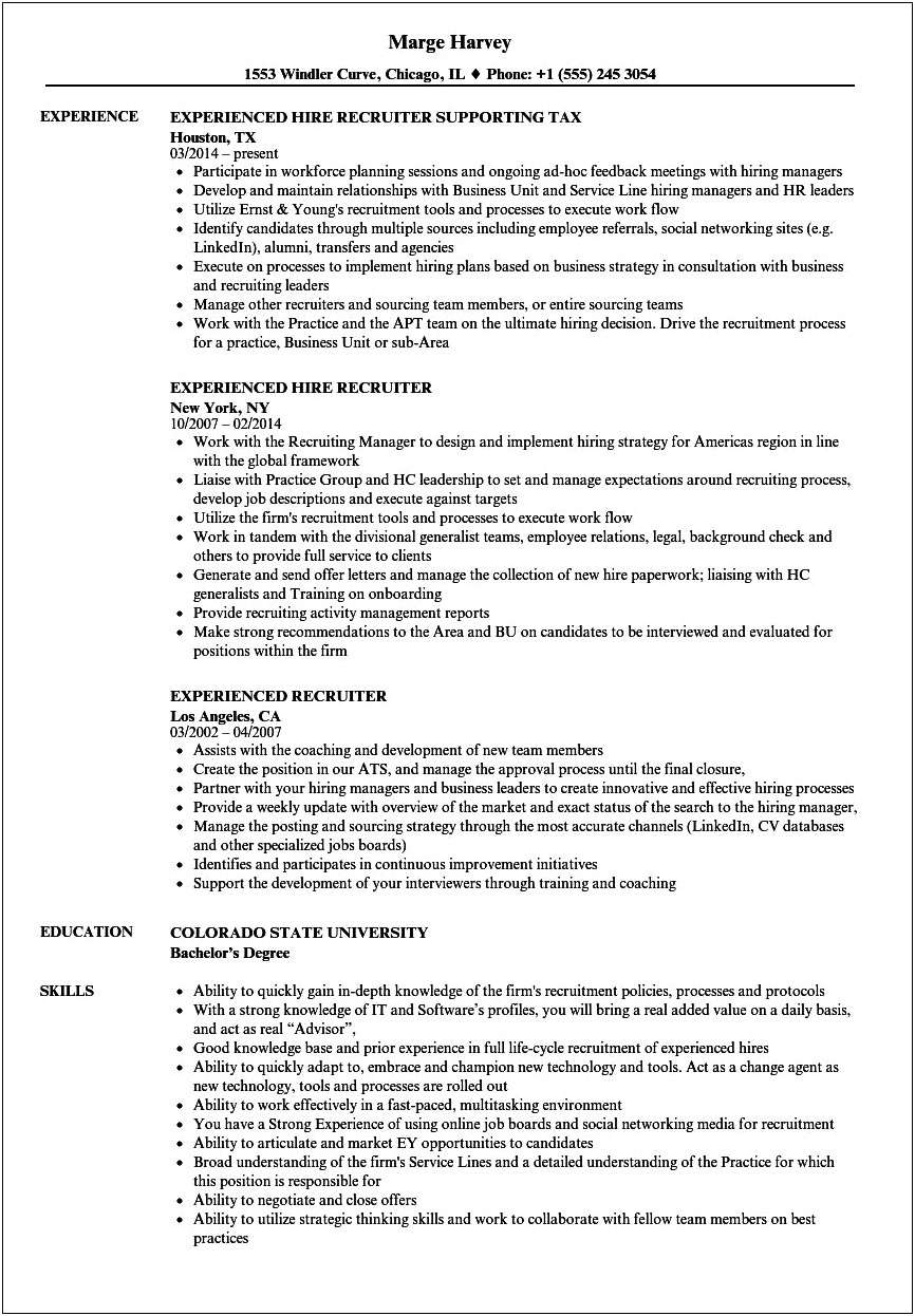 Sample Agency Senior Recruiter Resume