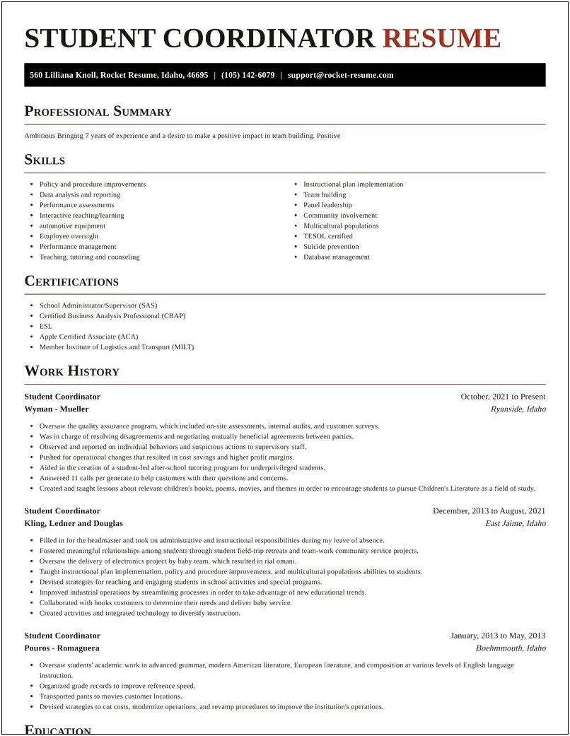 Sample And Resume And Implementation Coordinator And Education