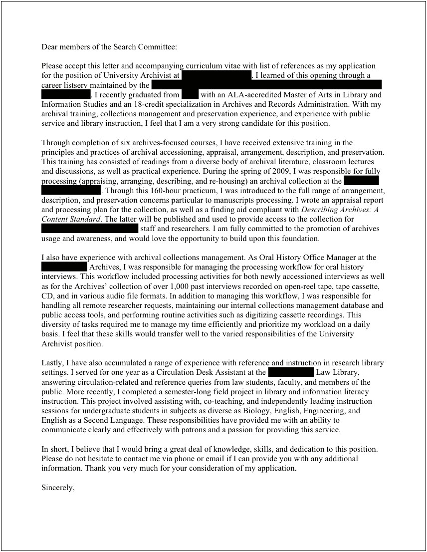 Sample Archivist Resume Cover Letter