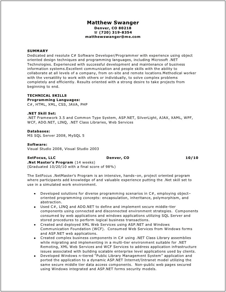 Sample Asp.net Mvc Developer Resume
