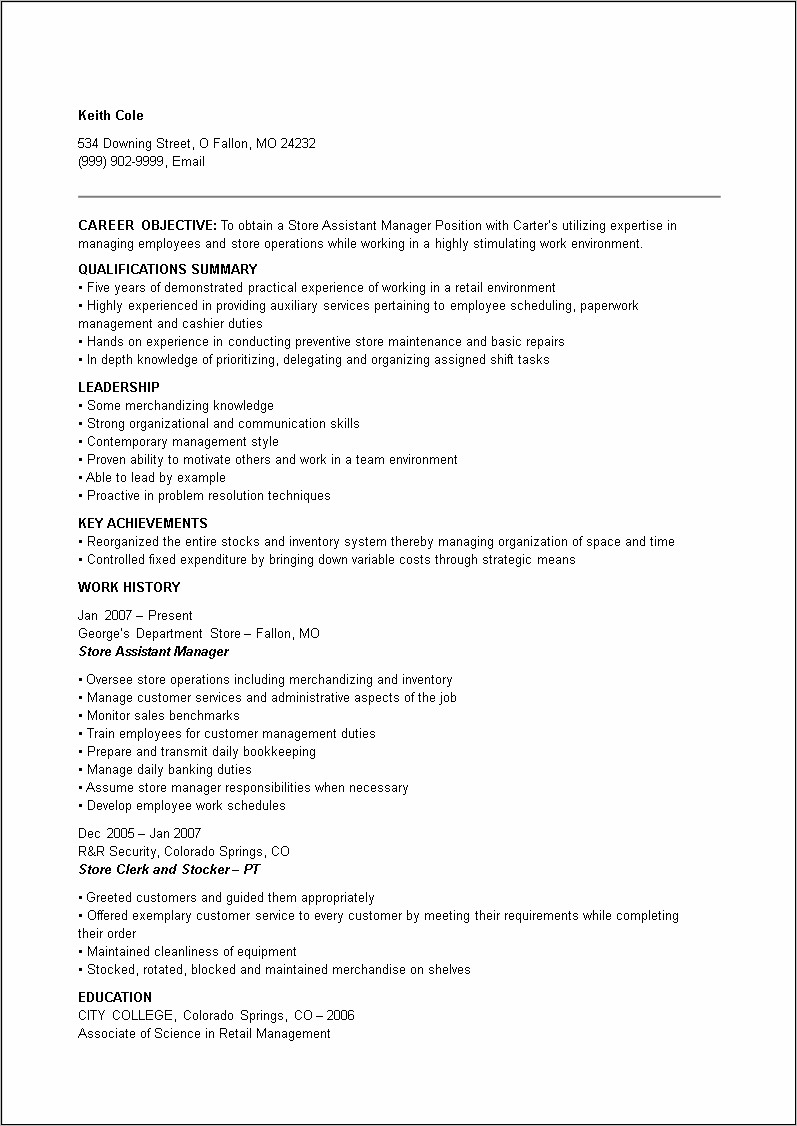 Sample Assistant Manager Resume Retail