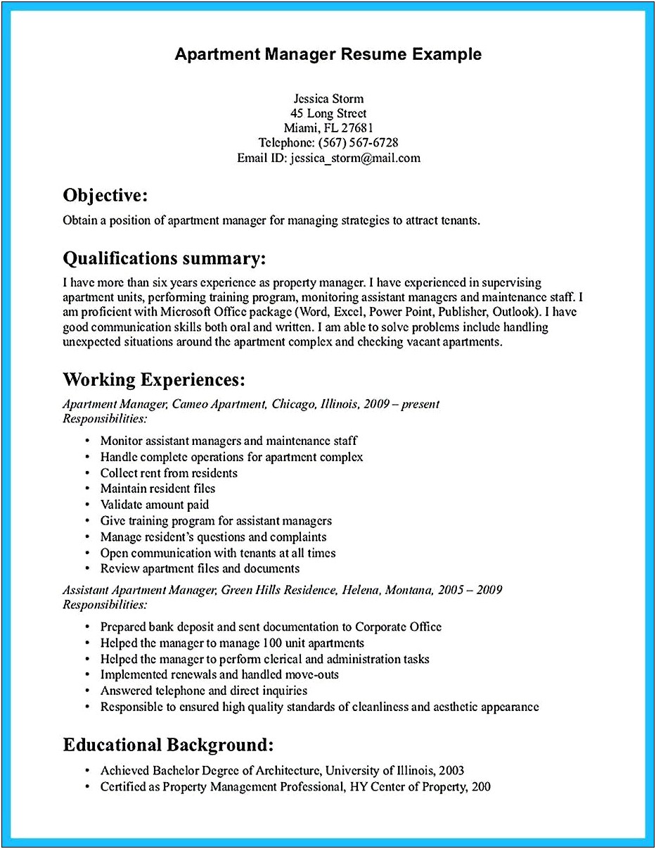 Sample Assistant Property Manager Resume Objective