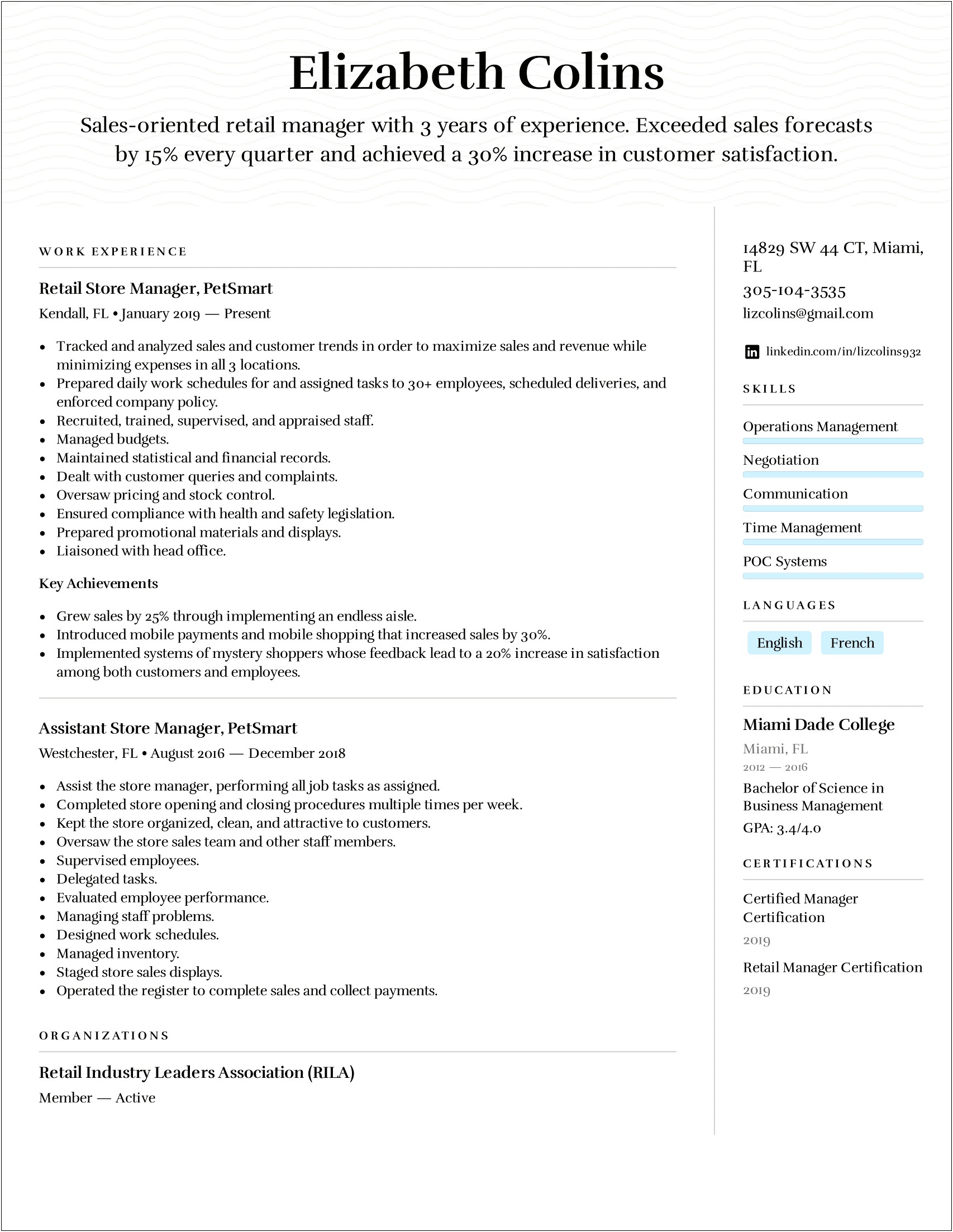 Sample Assistant Store Manager Resume