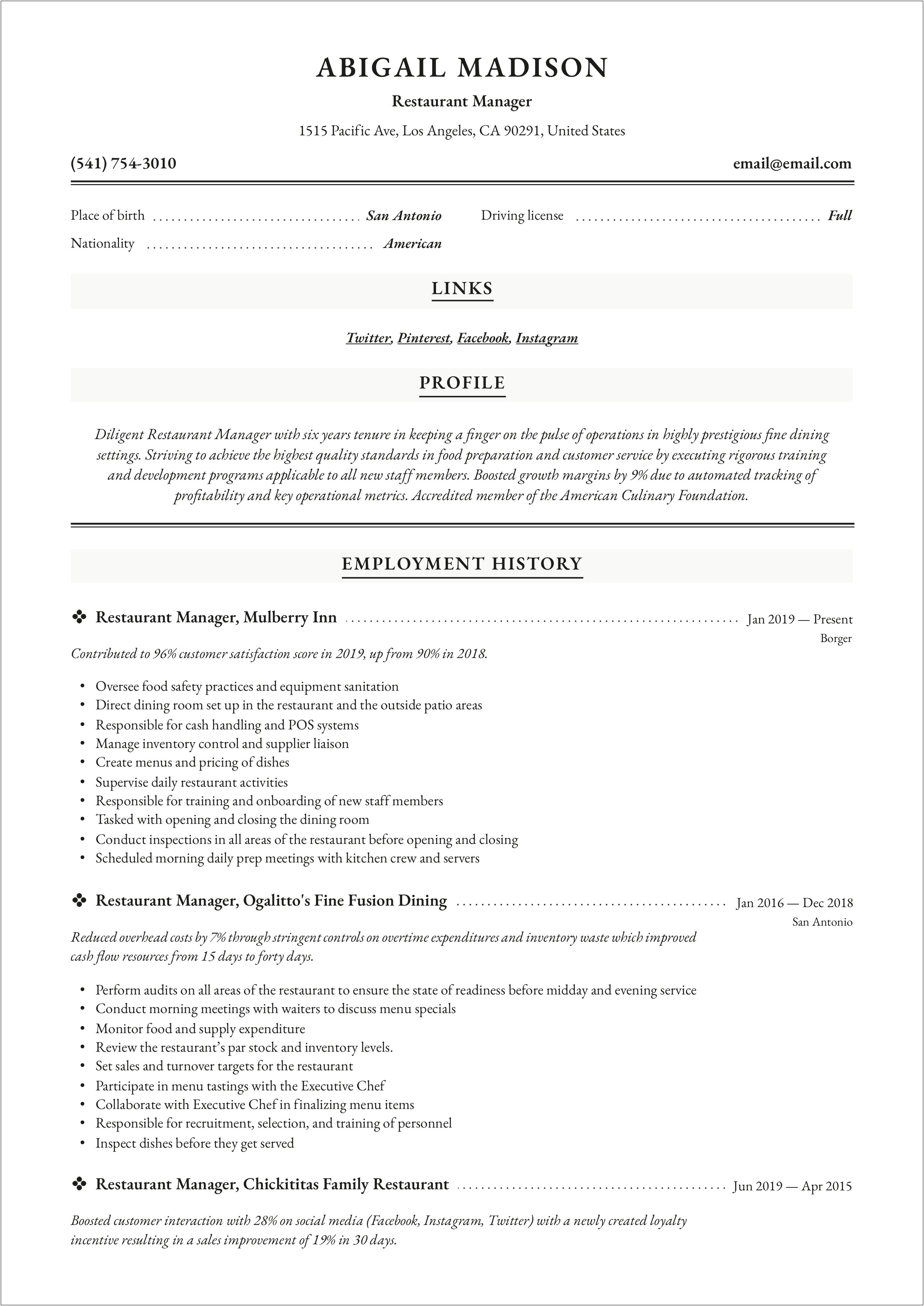 Sample Asst Restaurant Manager Resume