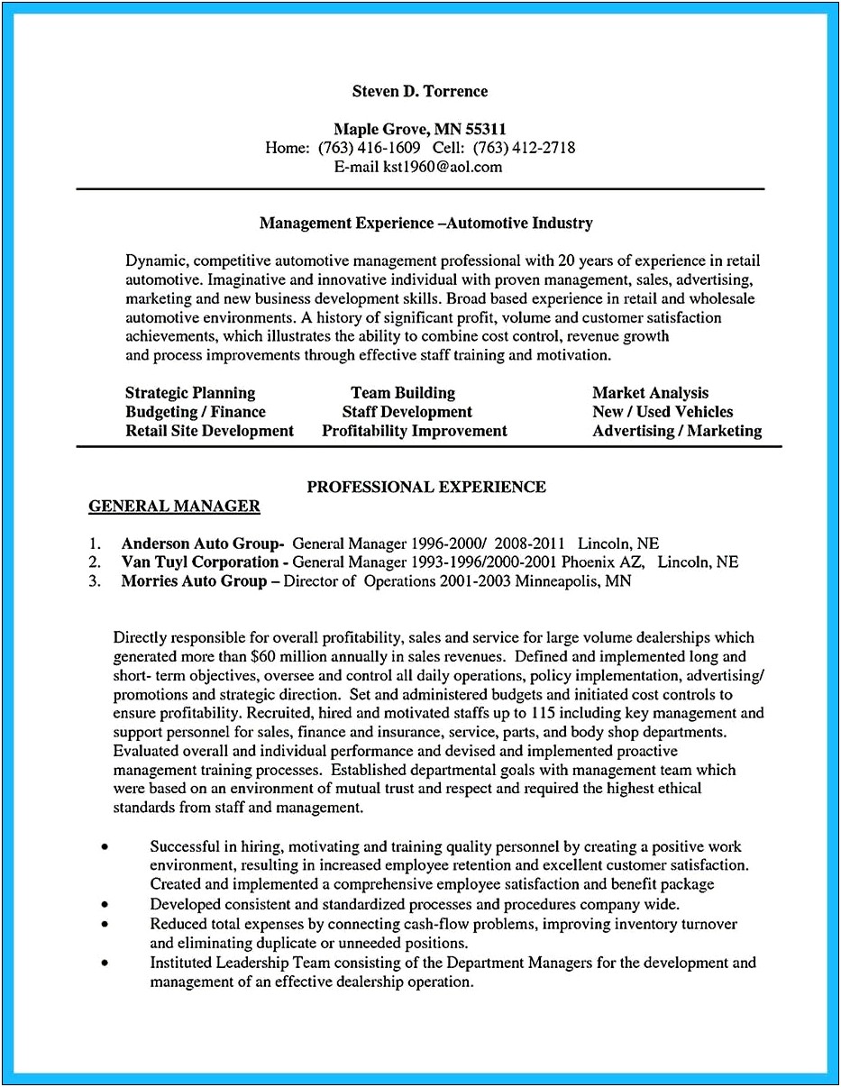 Sample Auto Parts Manager Resume