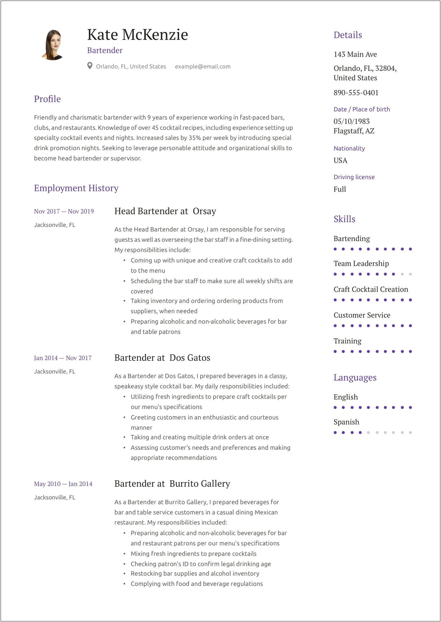 Sample Bartending Resume With No Experience