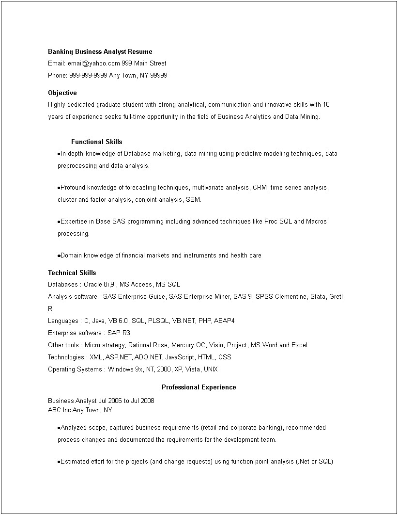 Sample Business Analyst Resume Banking Domain