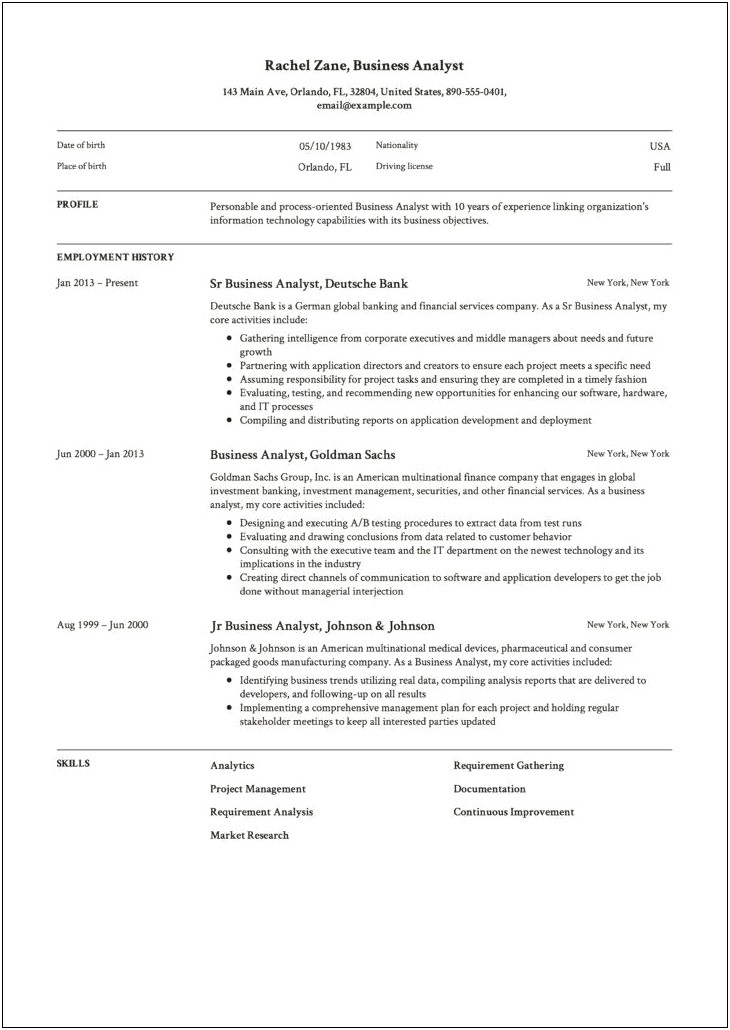 Sample Business Analyst Resume Template