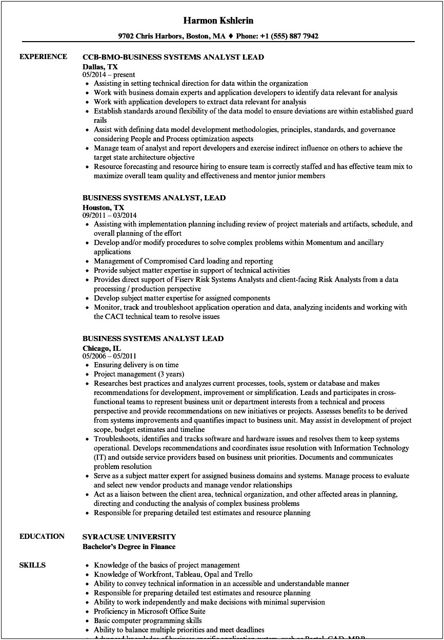 Sample Business Systems Analyst Resume Summary