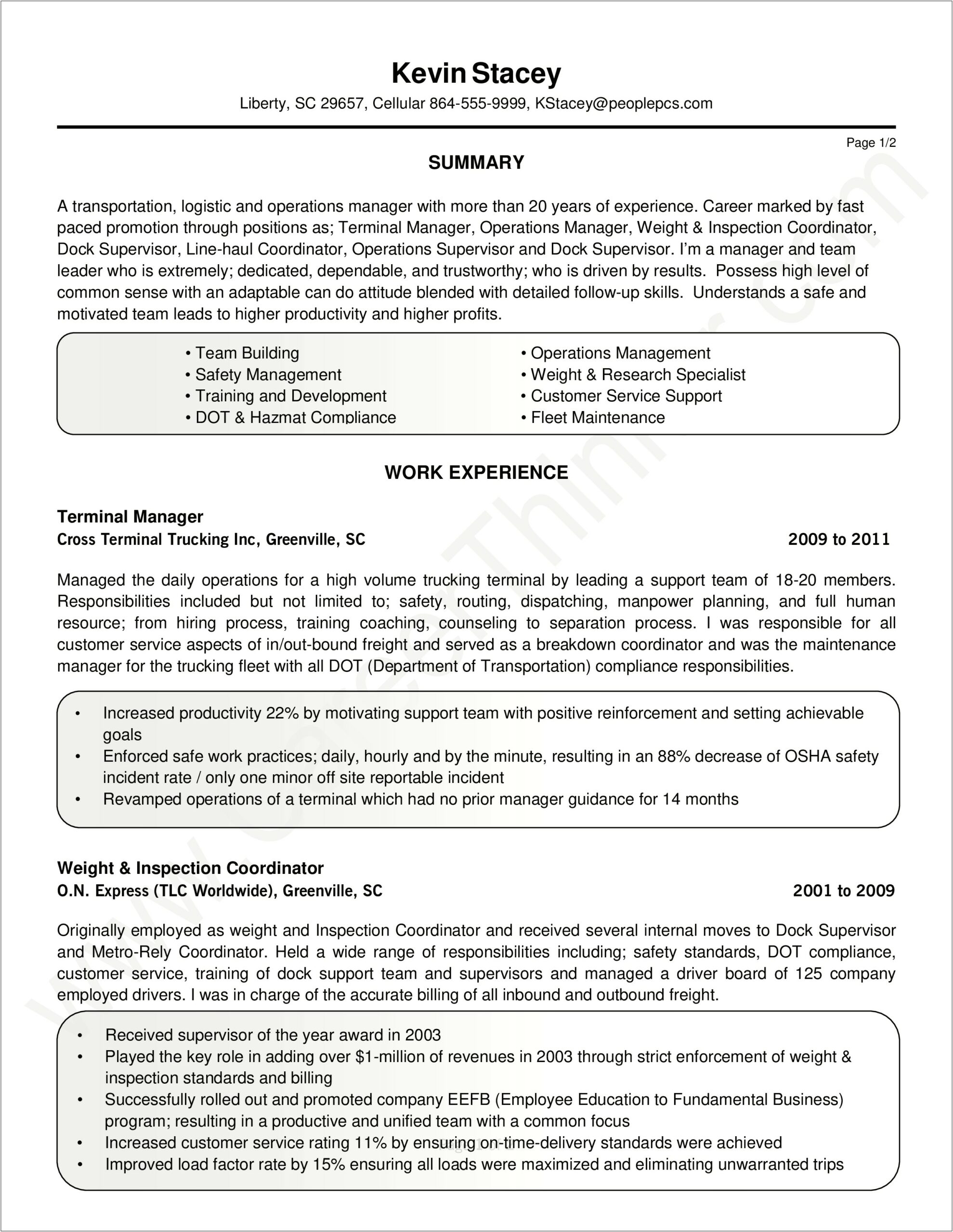 Sample Call Center Management Resume Summary
