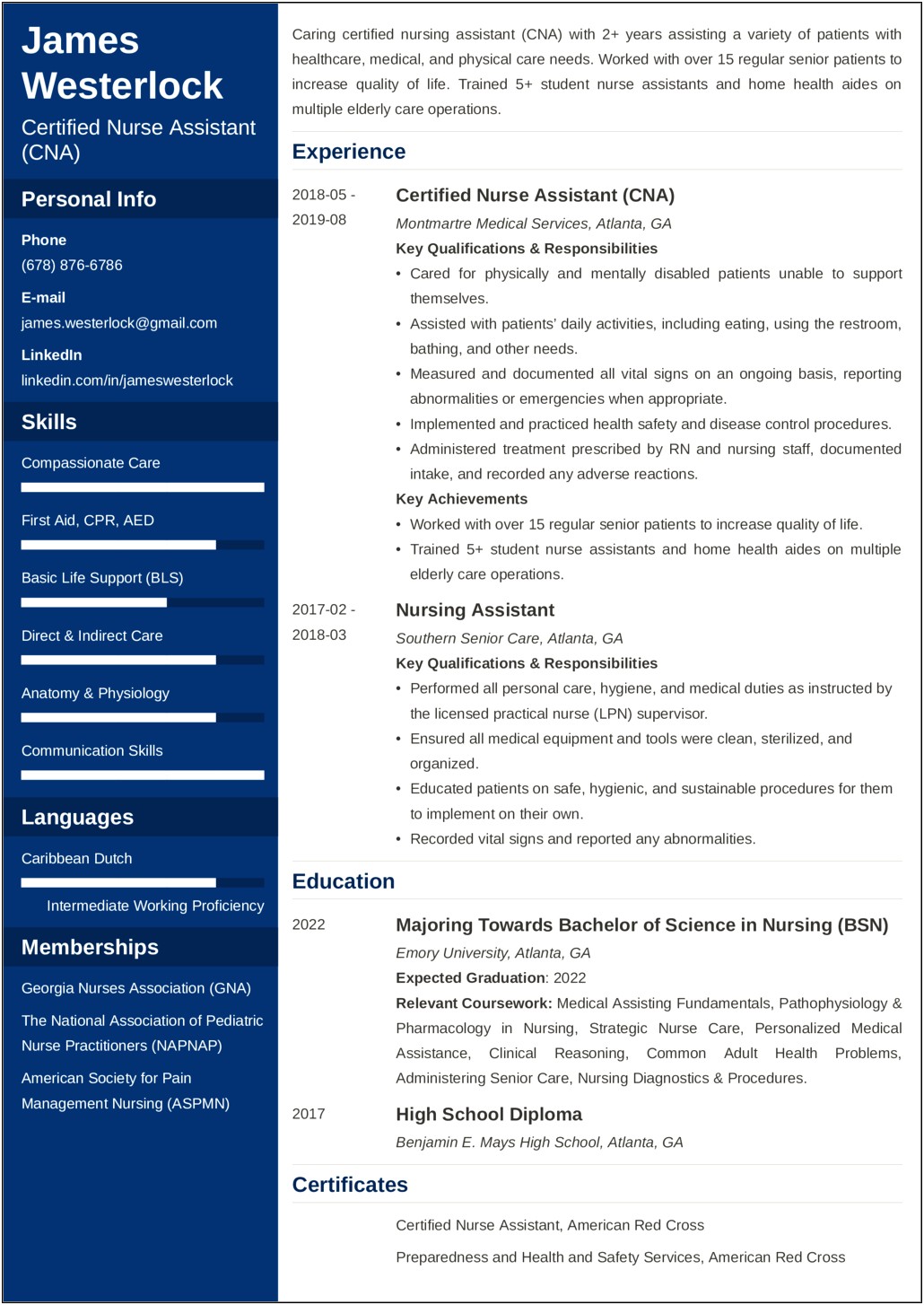 Sample Certified Nursing Assistant Resume Experienced