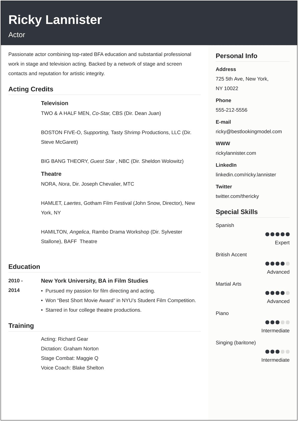 Sample Child Actor Resume Template