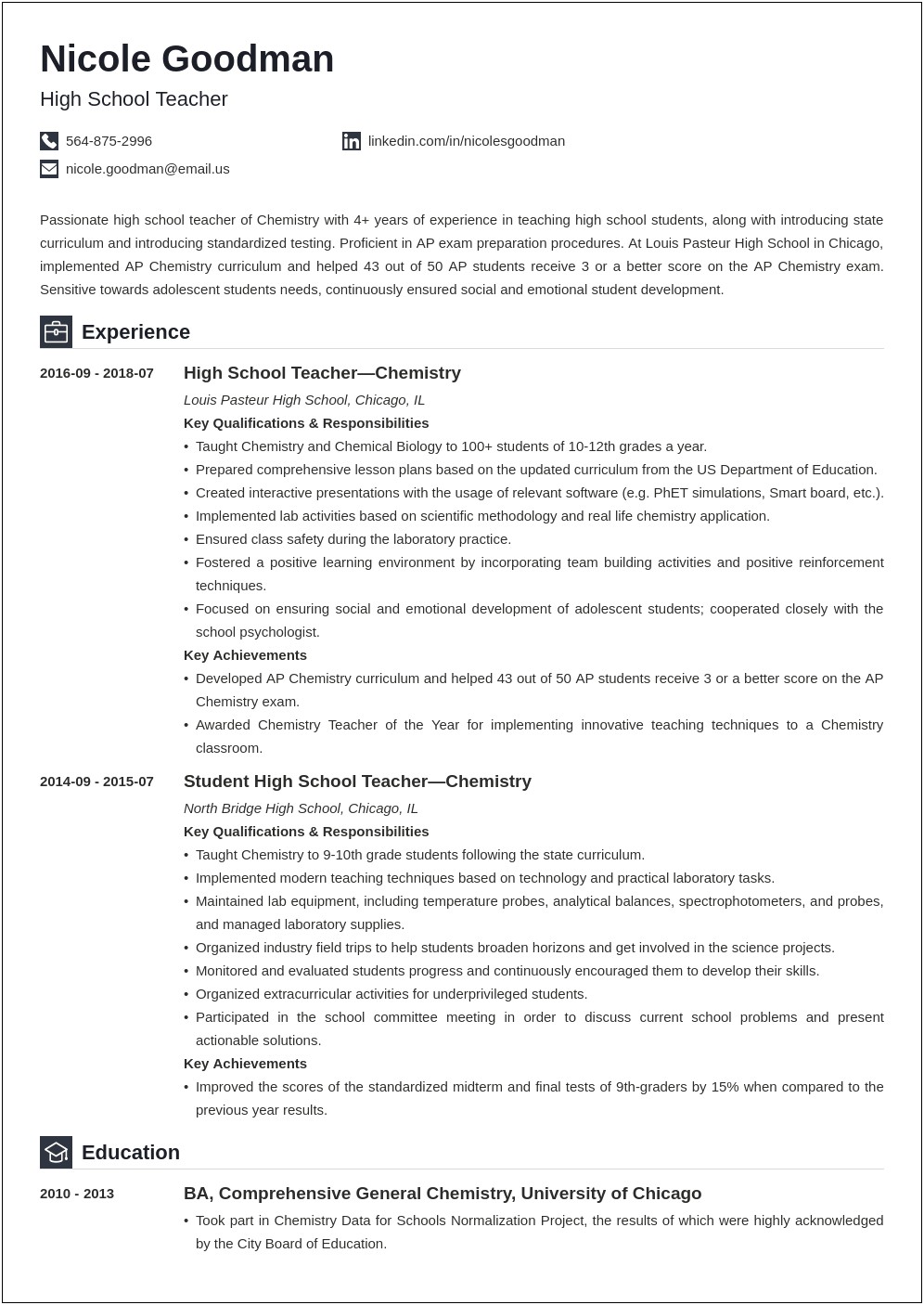 Sample Chronological Resume For Highschool Students