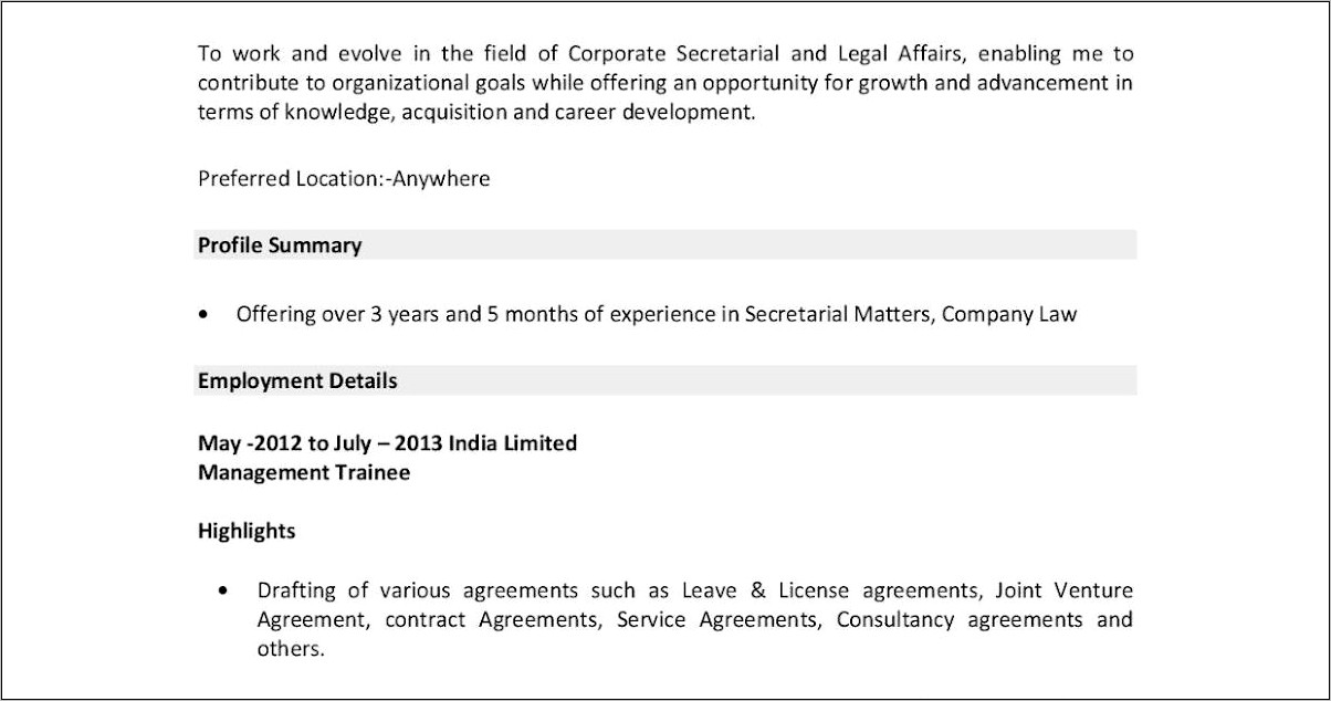 Sample Company Secretary Resume India