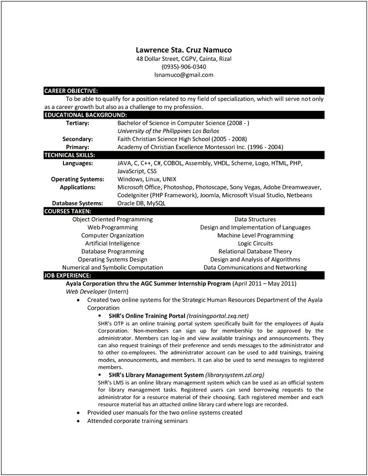 Sample Computer Science Resume Objective
