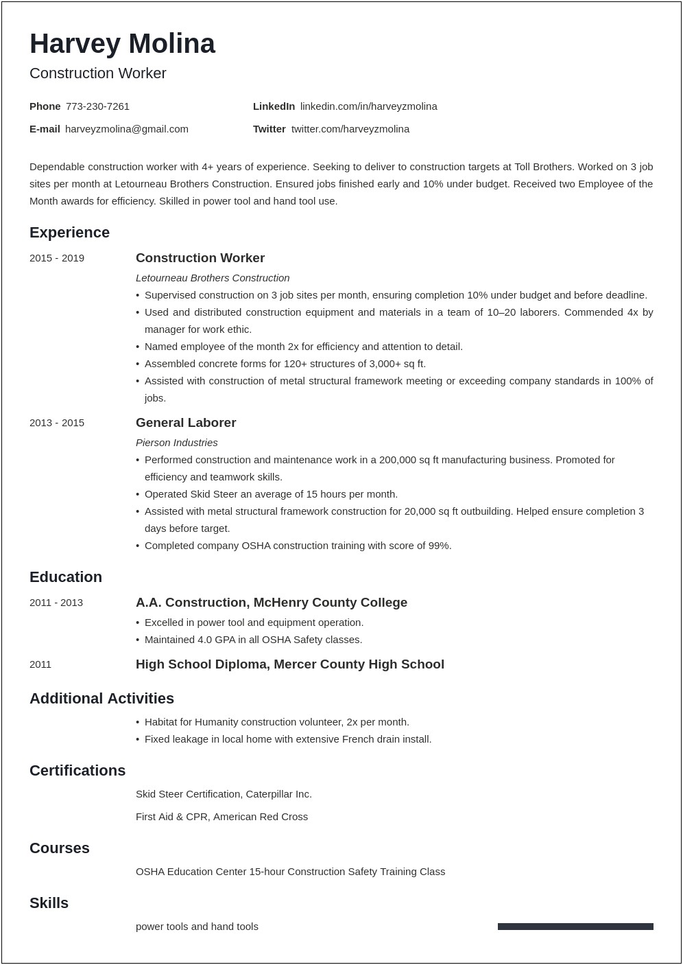 Sample Construction Worker Resume Objective