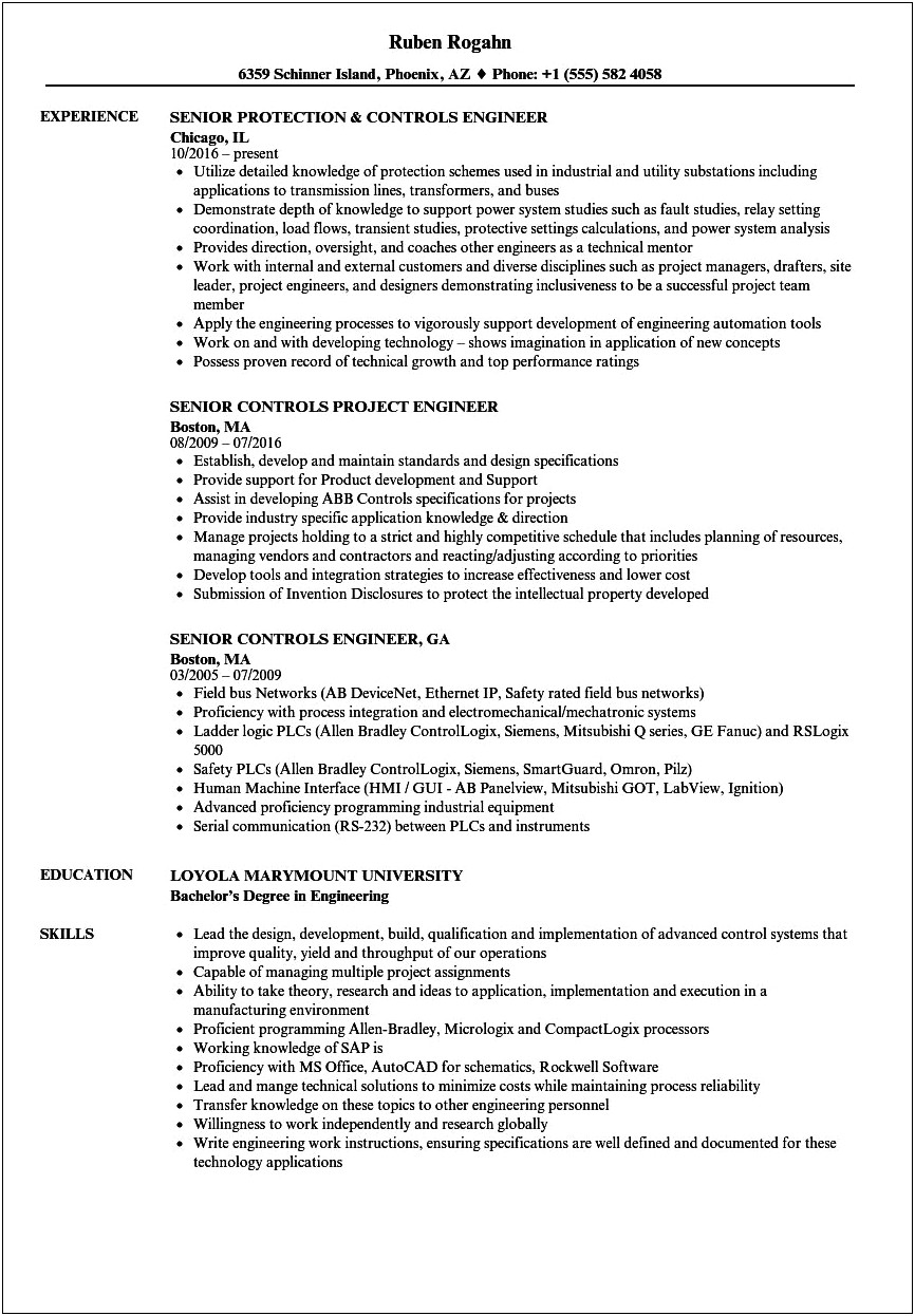 Sample Control Systems Engineer Resume