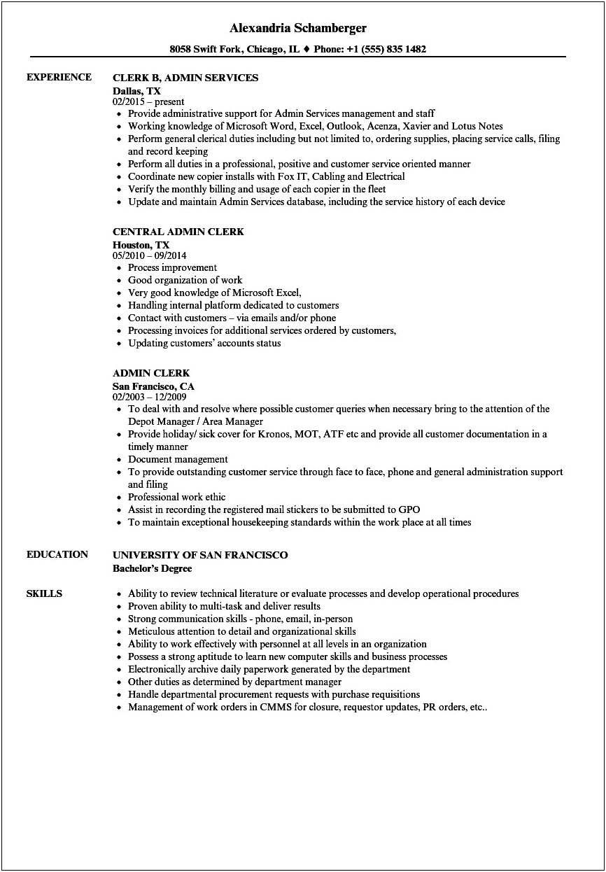 Sample Copies Of A Clerical Resume