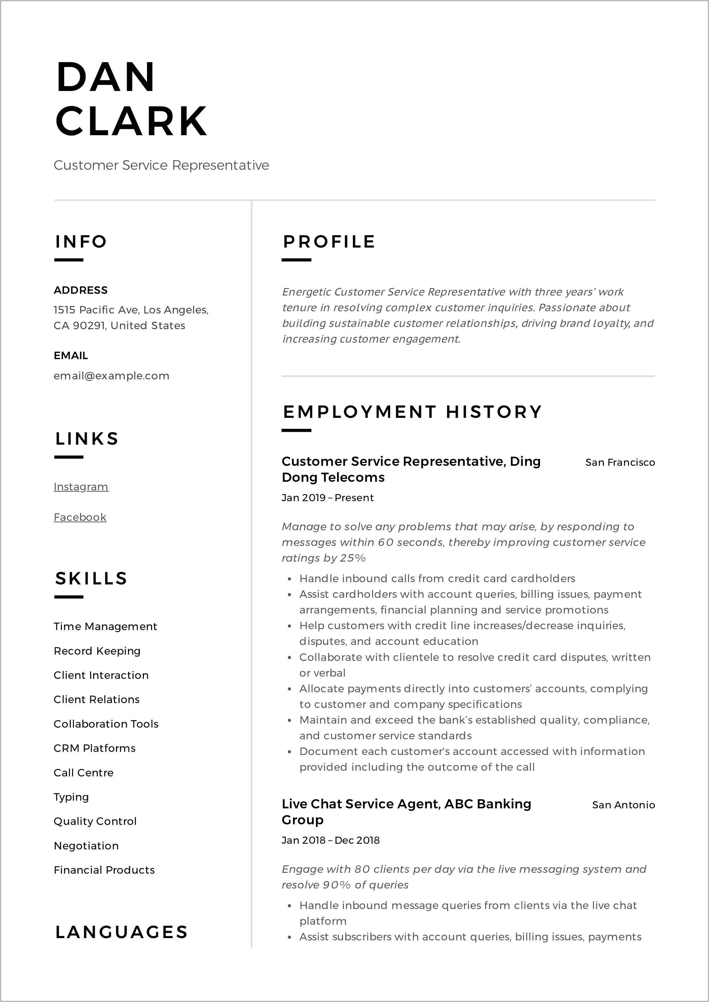 Sample Copy Of Customer Service Resume