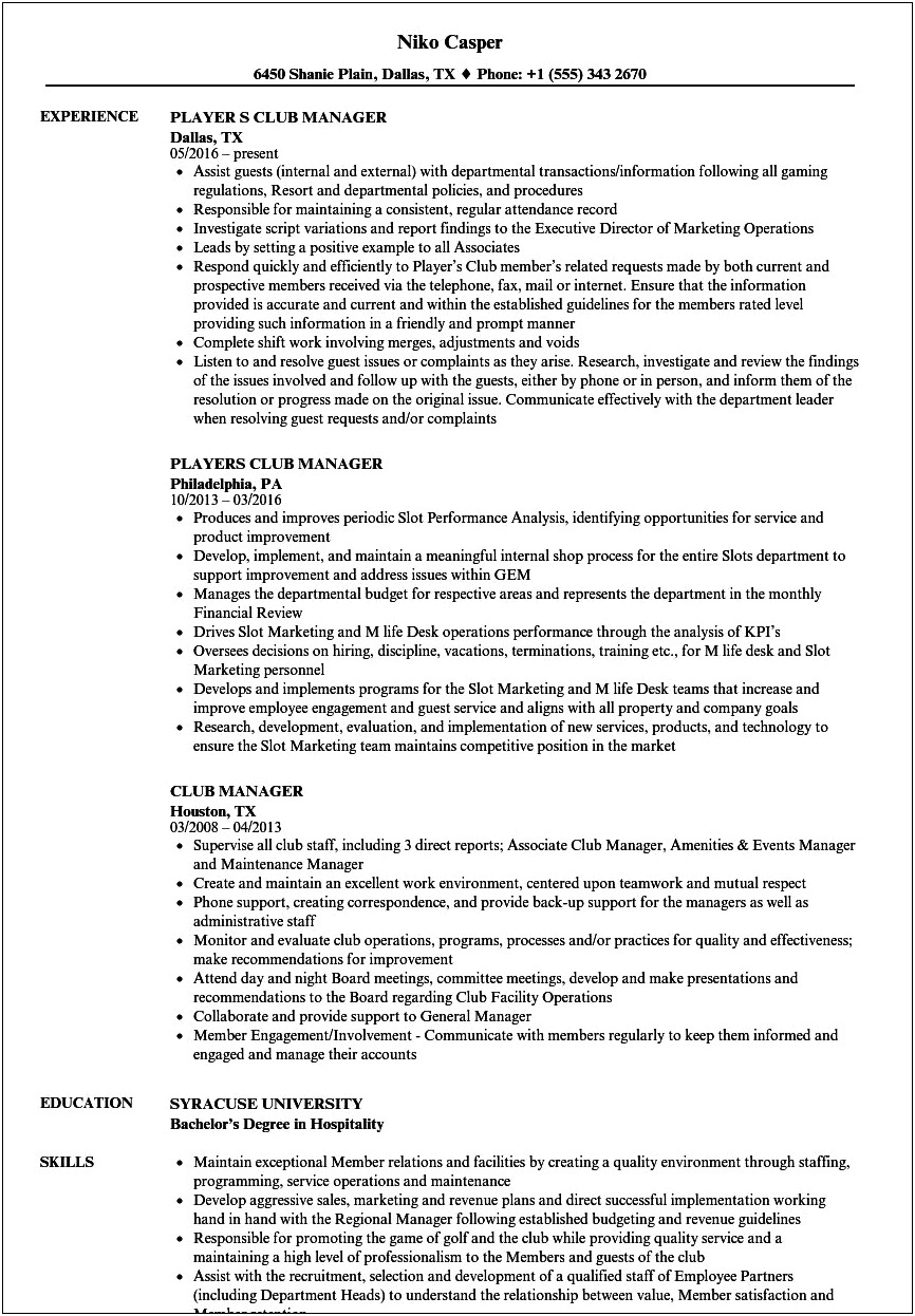 Sample Country Club Manager Resume