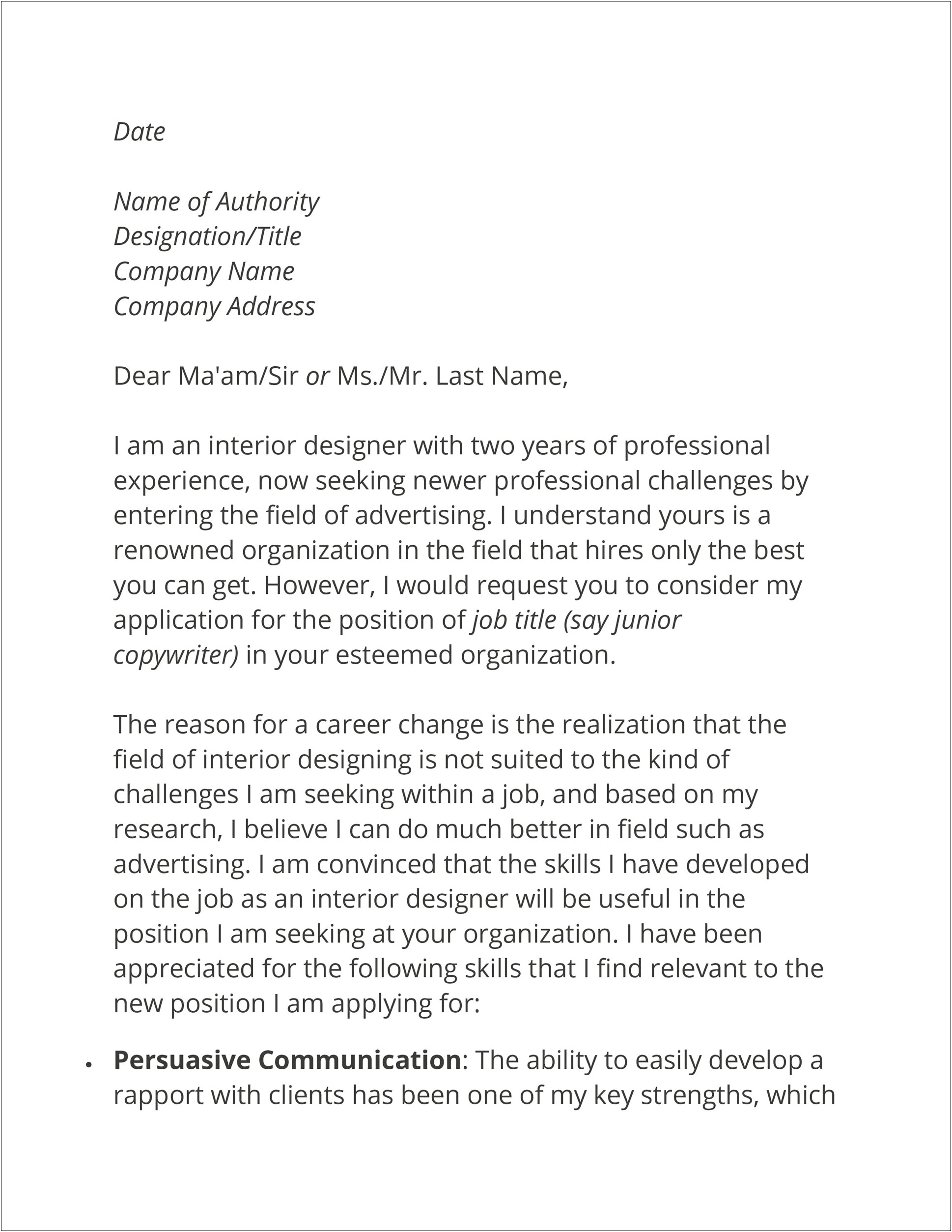 Sample Cover Letter For Career Change Resume