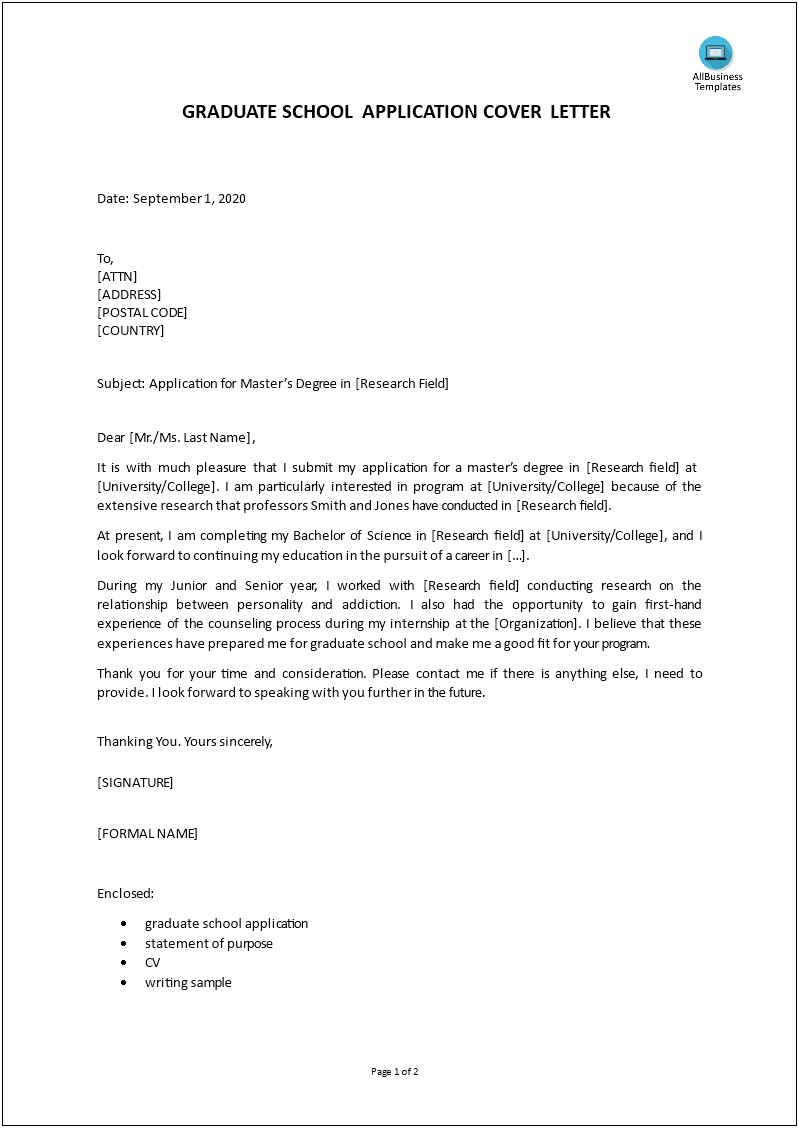 Sample Cover Letter For Graduate School Resume