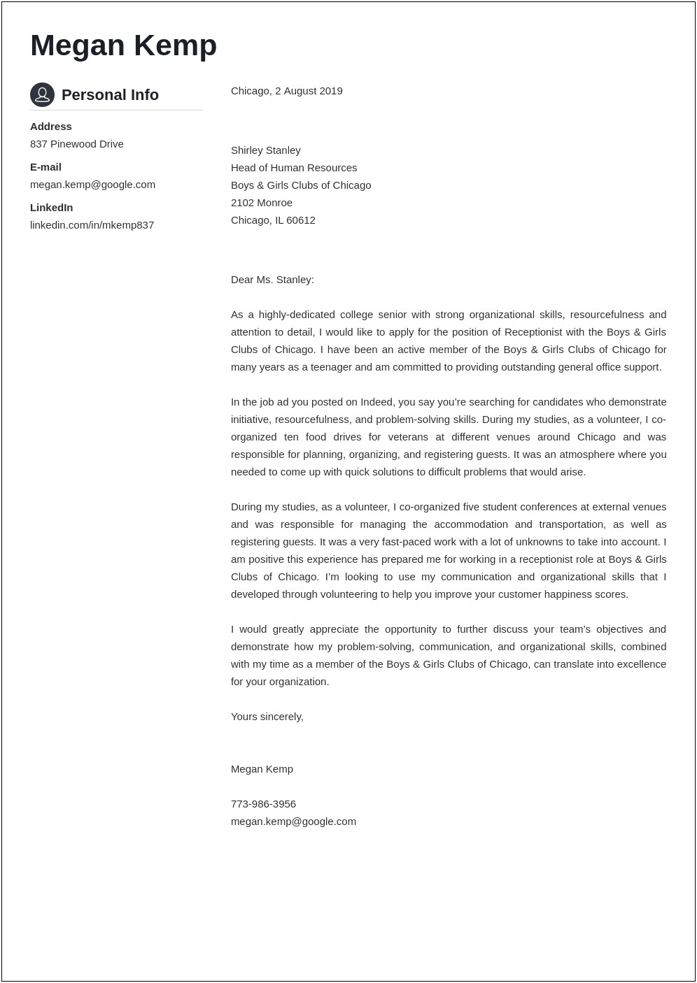 Sample Cover Letter For Resume For Medical Receptionist