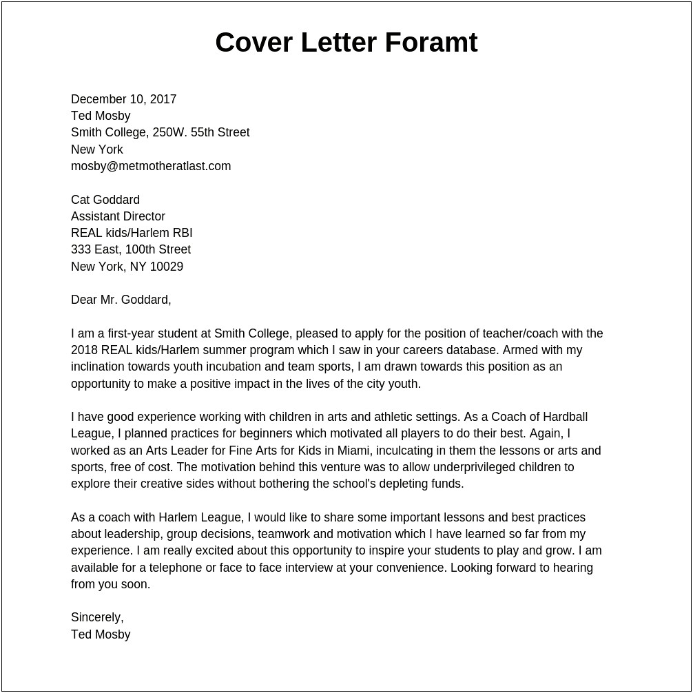 Sample Cover Letter For Resume Format