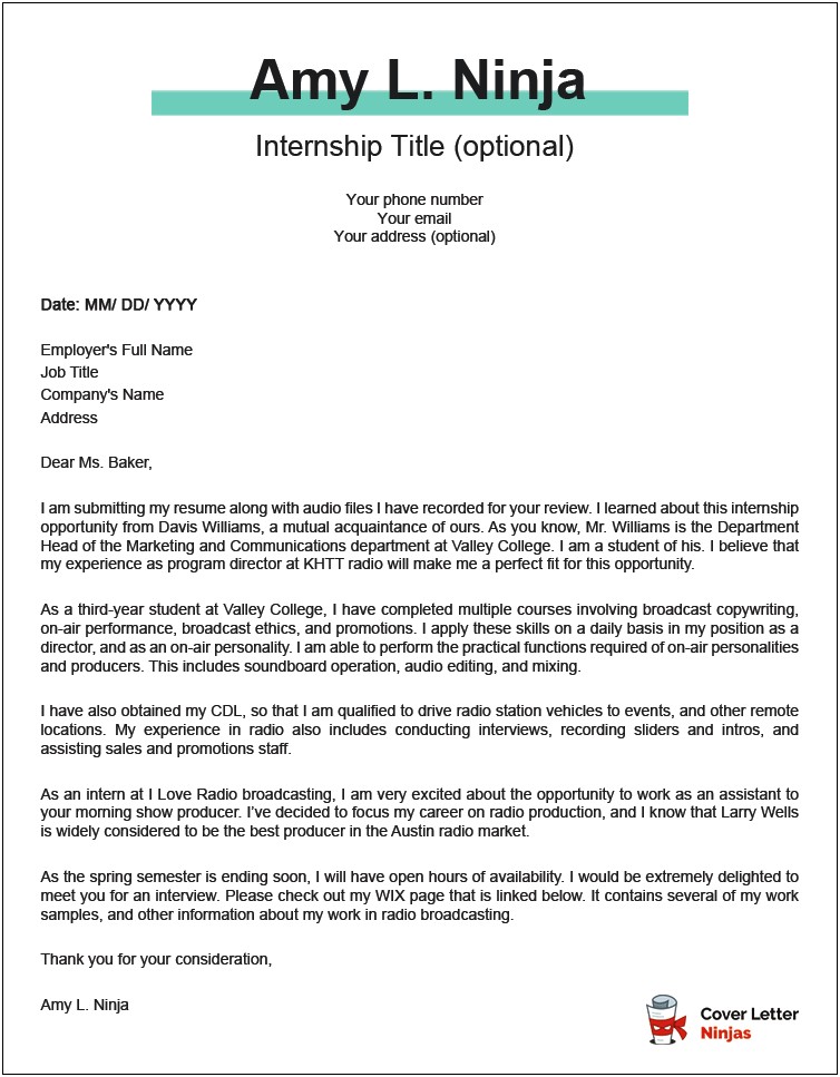 Sample Cover Letter For Resume Internship Template