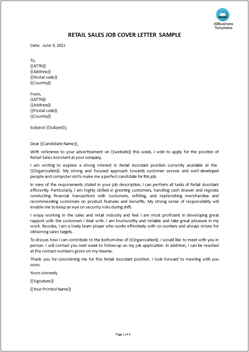 Sample Cover Letter For Resume Retail Sales