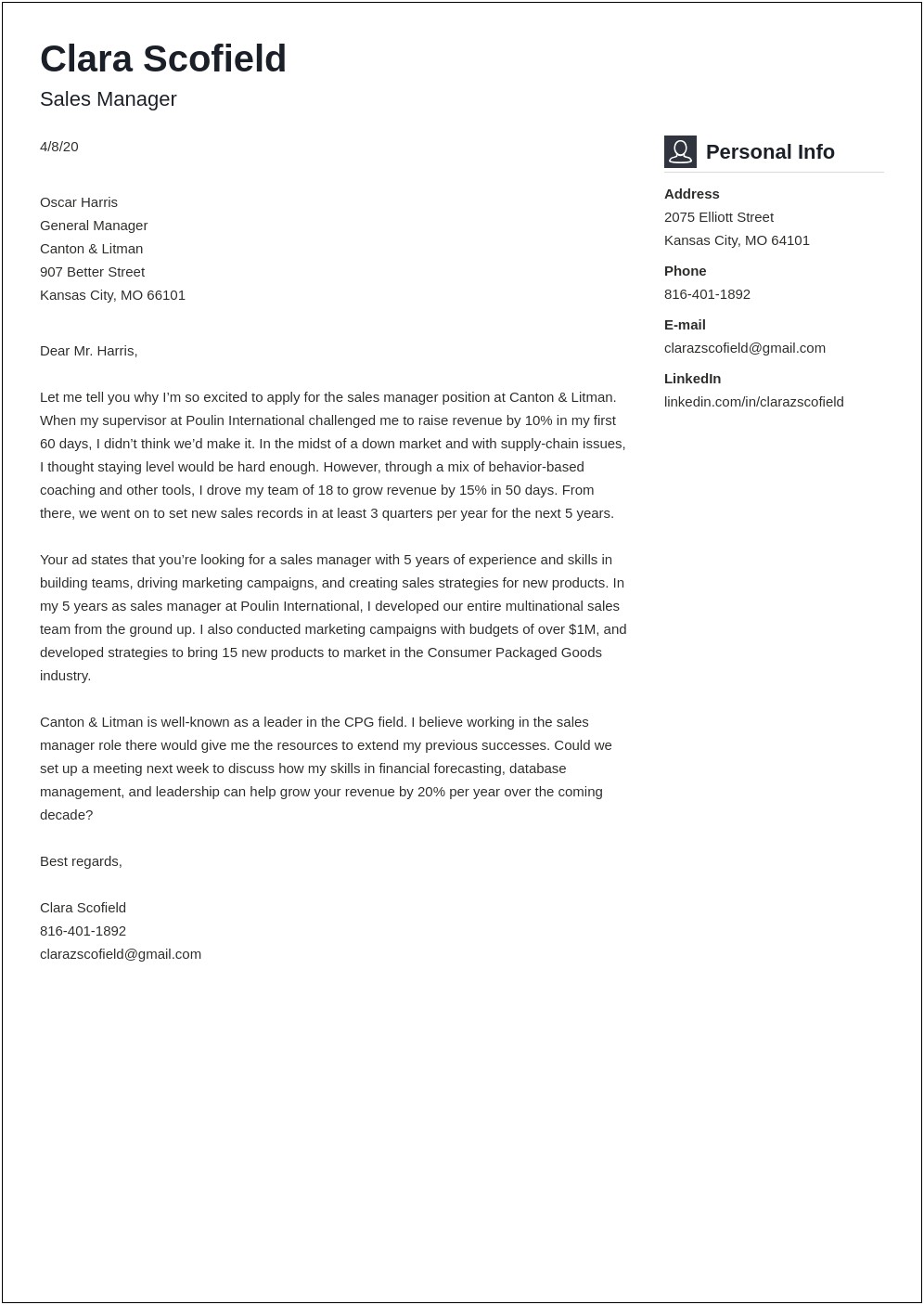 Sample Cover Letter For Sales Manager Resume