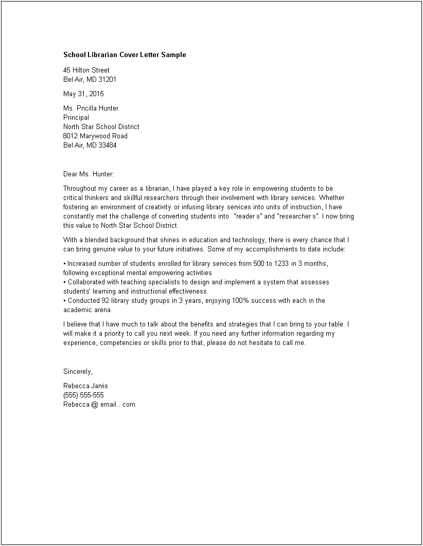 Sample Cover Letter For School Librarian Resume