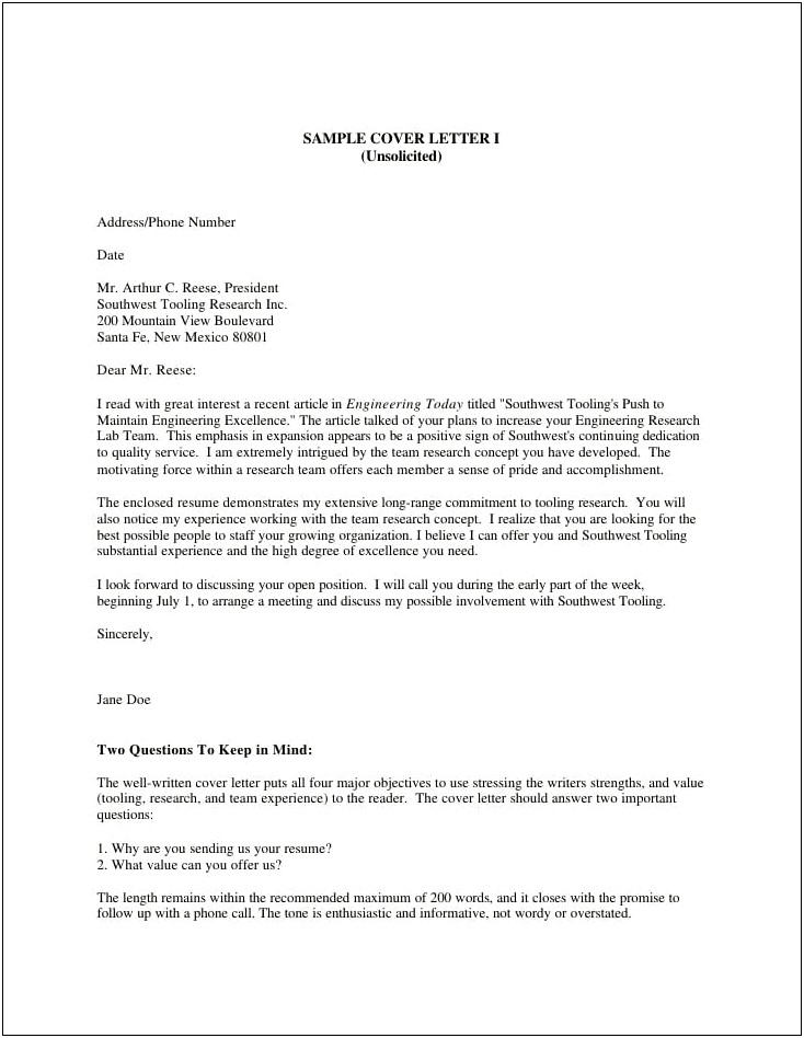 Sample Cover Letter For Unsolicited Resume
