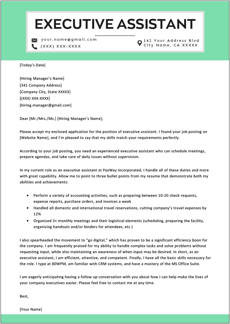 Sample Cover Letters For Resume Executive Assistant Jobs